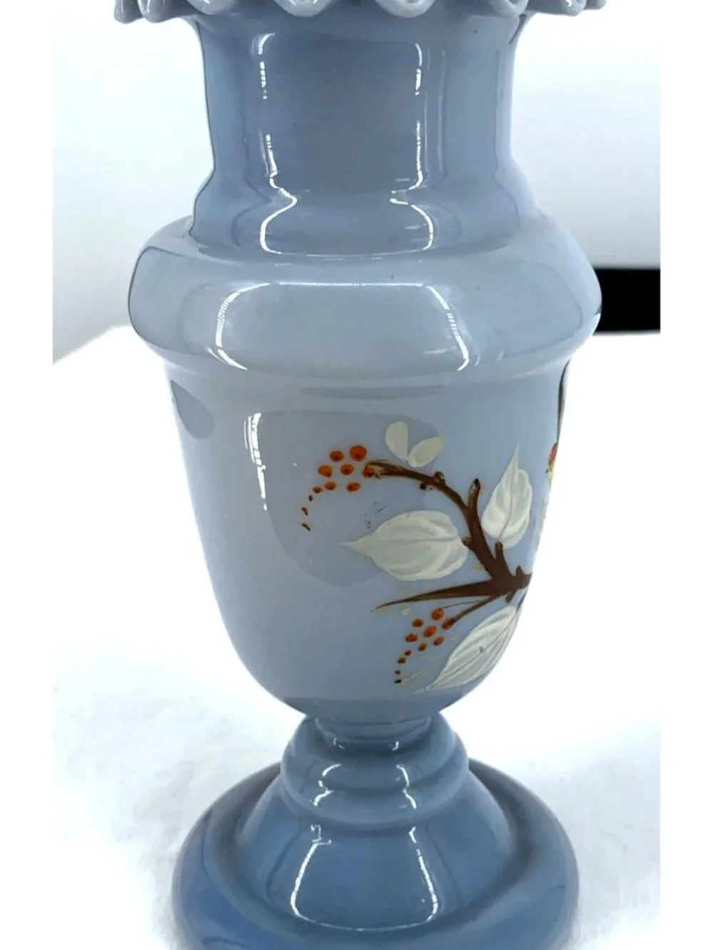 Antique Bristol Vase Victorian Blown Blue Glass Bird Floral Ruffle 7.5" - Picture 4 of 9